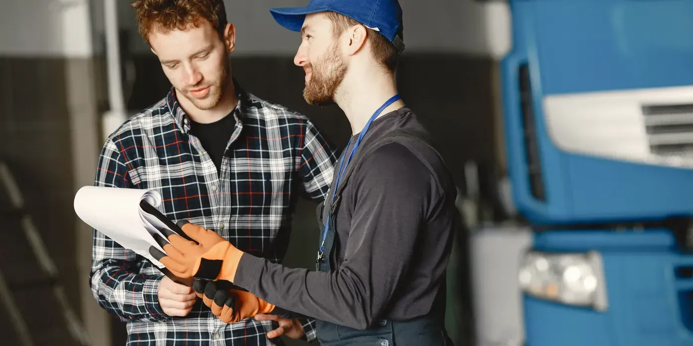 A mechanic explaining paperwork to a customer